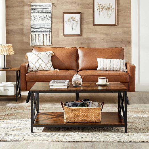 Coffee Table with X-Shaped Struts, Steel Frame and Shelves, 100 x 55 x 45 cm, Industrial Design, Country House Style, Vintage Brown / Black