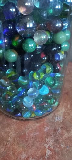 Antique collection of old marbles in large clip sealed jar it's full to the top loft find from very old house in France Beautiful