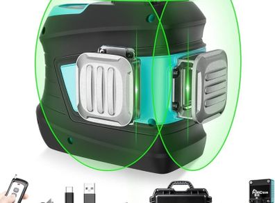 FREE SHIPPING Green Laser Level 3x360 degree Self-Leveling, 3D Laser Levels Laser Spirit Level 30M (Up to 50M with Detector) with Remote Control and Adjustable Rotating Base, Li-ion Battery, Type-C Charging