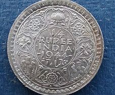 INDIA Quarter Rupee 1944 Silver Coin in Extremely Fine Condition