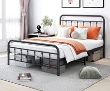Double Bed Frame with Storage and Headboard, Metal Bed Frame Double Size No Box Spring Needed, Enhanced Mattress Support, Noise Free