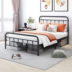 Double Bed Frame with Storage and Headboard, Metal Bed Frame Double Size No Box Spring Needed, Enhanced Mattress Support, Noise Free