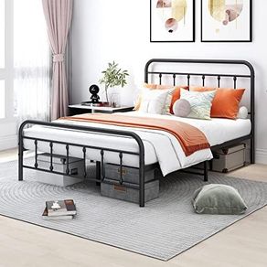 Double Bed Frame with Storage and Headboard, Metal Bed Frame Double Size No Box Spring Needed, Enhanced Mattress Support, Noise Free