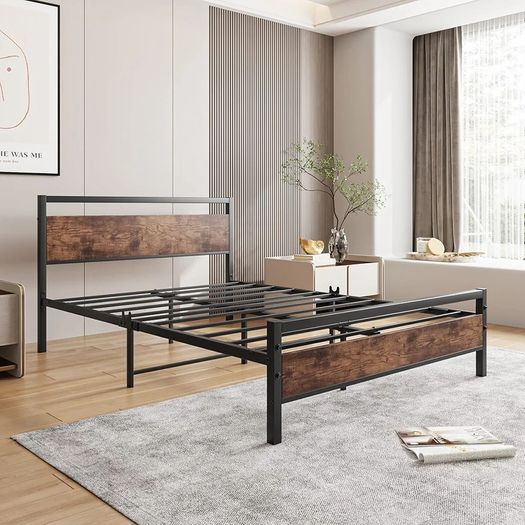 Double Bed Frame with Wooden Headboard,135x190cm,Vintage Brown Metal Platform Bed Frame Double Bed Base No Box Spring Needed,Heavy Duty Steel Slats,Underbed Storage Space,Easy to Assemble