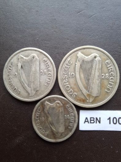 1928 Irish Free State. Set of 3 Silver Coins: Half Crown&Florin&Shilling