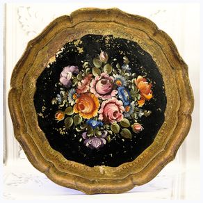 Large Vintage Handpainted Florentine Italin Serving Tray Floral Still life