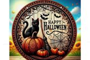 Holloween Decoration with Pumpkins, Bats, Spider Webs and a Black Cat