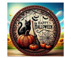 Holloween Decoration with Pumpkins, Bats, Spider Webs and a Black Cat