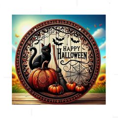 Holloween Decoration with Pumpkins, Bats, Spider Webs and a Black Cat