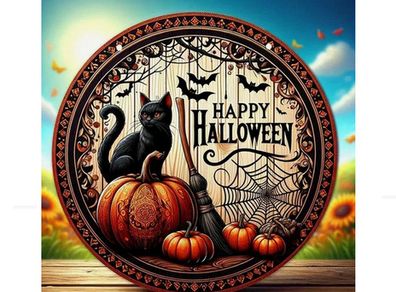 Holloween Decoration with Pumpkins, Bats, Spider Webs and a Black Cat