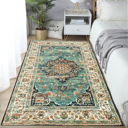 Washable Rugs Small Non Slip Area Rugs for Bedroom Vintage Boho Rug Soft Short Pile Rug Machine Washable Rugs Living Room Indoor Entry Floor Rug Non Shedding Dense 60x110CM Rugs Blue