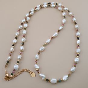 Freshwater Pearls with Tourmaline Gemstone Beads Necklace