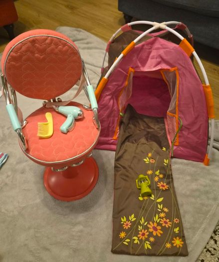 Our Generation doll salon chair and camping set