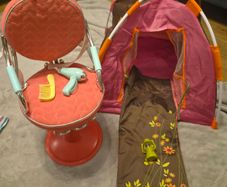 Our Generation doll salon chair and camping set