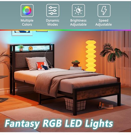 single LED Lights,Metal Upholstered Platform Bed Frame with Charging