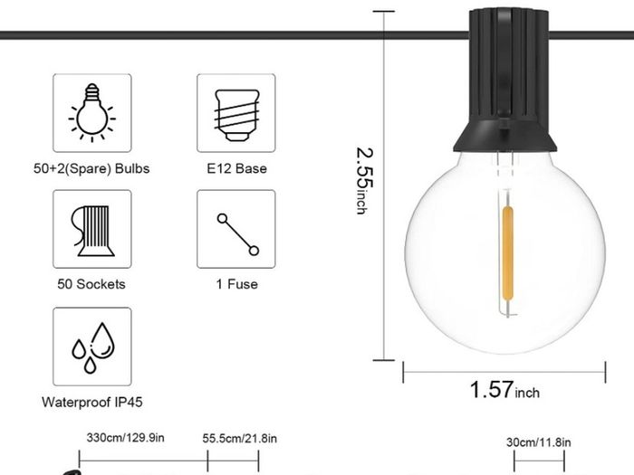 Festoon Lights Outdoor 100FT, G40 LED String Lights Mains Powered with 50+2 Plastic Bulbs,Waterproof Connectable Outdoor String Llights for Garden,Porch, Backyard,Bistro (FREE POSTAGE)