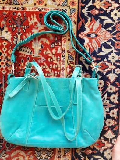 Turquoise Leather Tote, 16.5" x 12"