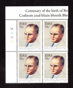 2011 Ireland Birth Centenary of Brian O'Nolan Commemorative Stamps Plate Block 1A1A1A1A Mint Never Hinged (MNH)