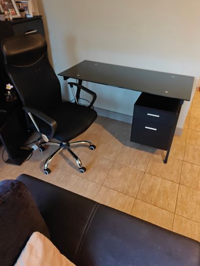 Glass top work desk and chair