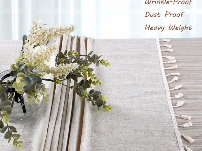 Cotton Linen Table Cloth Solid Color Tassel Round Tablecloth Dust-Proof Shrink-Proof Table Cover (Beige, Round 150cm)