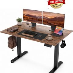 Electric Standing Desk 120x60cm Height Adjustable Desk with 3 Memory Presets & Sit Stand Reminder, Quiet Home Office Computer Desk with LED Display, Cable Holes & Hooks, Rustic Brown
