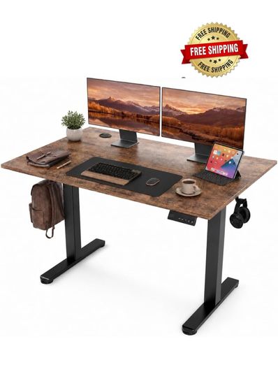 Electric Standing Desk 120x60cm Height Adjustable Desk with 3 Memory Presets & Sit Stand Reminder, Quiet Home Office Computer Desk with LED Display, Cable Holes & Hooks, Rustic Brown