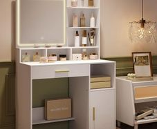 Led Dressing table with Mirror 3 Shelves and 4 Open Compartments