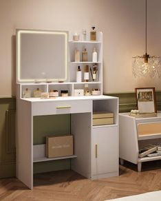Led Dressing table with Mirror 3 Shelves and 4 Open Compartments