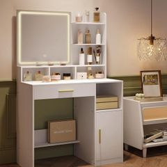 Led Dressing table with Mirror 3 Shelves and 4 Open Compartments