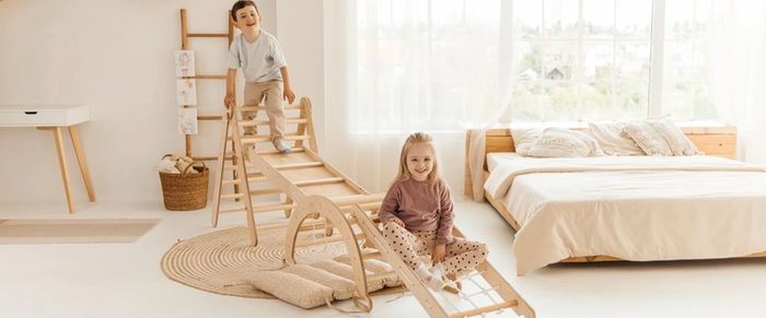 GOODEVAS 5in1 Montessori Climbing Set: Triangle Ladder + Arch/Rocker + Slide Board/Ramp + Netting rope + Cushion