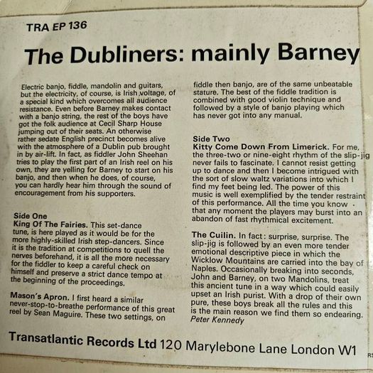 The Dubliners , Mainly Barney PS 7" EP, Irish Folk Trad,