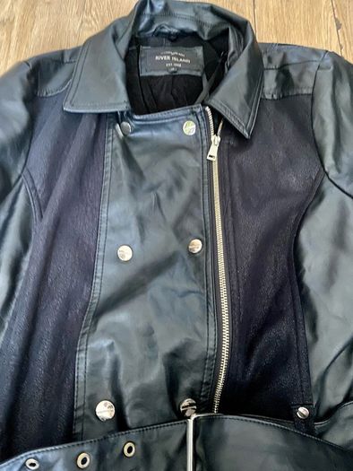 River Island heavy leather coat with detachable fur