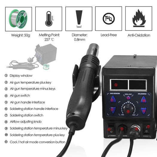 2 in 1 740W hot air gun LCD Digital display welding rework station for cell-phone BGA SMD PCB IC Repair solder iron hairdry