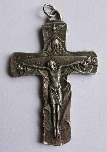 Vintage Holy Trinity Crucifix in silvered brass 14 x 9 cm