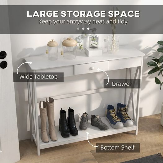 Wooden Console Table with 1 Drawer and 1 Storage Shelf for Living Room Entryway, 100cm x 30cm x 81cm, White