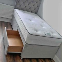Brand New Stylish single Divan Beds.. Multiple Options Of Headboards. Tufted Memory Foam Mattresses Available. Drawers Storage Available