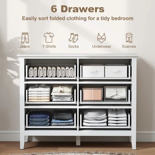 Fluted Dresser, 6 Drawer Chest of Drawers for Bedroom, Living Room, Hallway, Closet, White