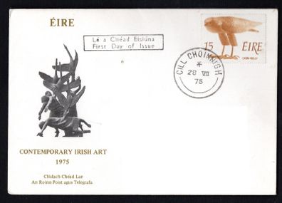 1975 Ireland Irish Art "Bird of Prey" by Oisin Kelly Commemorative Stamp Illustrated Post & Telegraph (P&T) Addressed First Day Cover (FDC) with Cill Choinnigh (Kilkenny) steele cancel