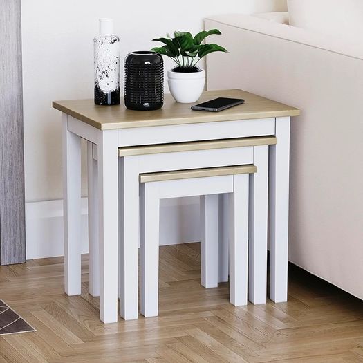 Vida Designs Yorkshire Nest of 3 Tables for Living room, Stacking Side Tables, Sturdy and Easy Assembly (Oak & White)
