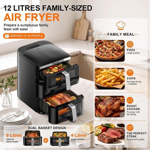 Double Stack Air Fryer, 12L, 2 Drawers With Viewing Window