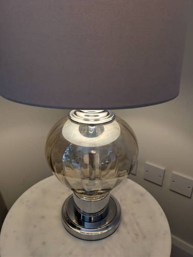 Pair of Glass & Chrome Table Lamps with Grey Shades