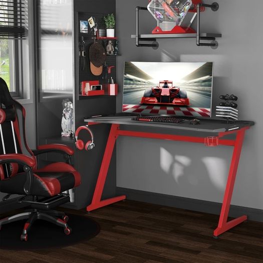 142 x 66 cm Racing Gaming Desk, Computer Table with Cup Holder and Headphone Hook, Black and Red