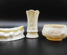 Vintage Belleek Irish Parian Porcelain 3-Piece Collection Signed Maritime, Floral & Visitor Centre Pieces