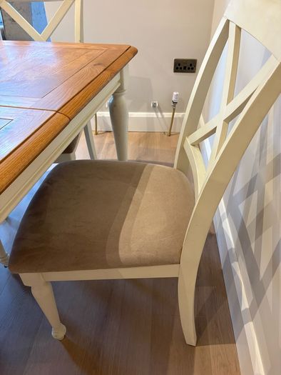 Extendible Wooden dining table & 4 fabric cushioned chairs