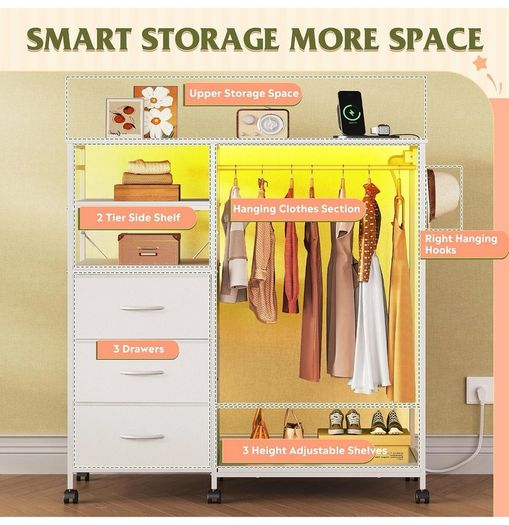 White Chest of Drawers with LED & Charger, Fabric Open Wardrobe 3 Large Drawers & Reversible Coat Hanging Rod &3 Open Shelves & Side Hooks, Lockable Wheels, Height-adjustable Base Shelf