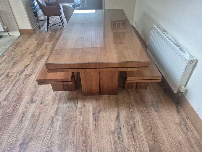 Large Solid Walnut Dining Table plus two benches