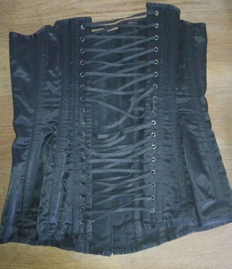 Corset black satin, steel boned, metal clasps