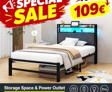 3ft Single Size Bed Frame with LED Lights Storage Upholstered Headboard and Charging Station, Heavy Duty Metal Platform Single Bed Frame, No Box Spring Needed, Noise Free, Easy Assembly