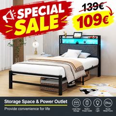 3ft Single Size Bed Frame with LED Lights Storage Upholstered Headboard and Charging Station, Heavy Duty Metal Platform Single Bed Frame, No Box Spring Needed, Noise Free, Easy Assembly
