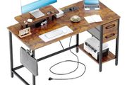Computer Desk with Drawers &amp; Power Outlets, 100 cm Office Desk with Storage Monitor Stand, Reversible Small Desks for Home Office Bedroom Brown